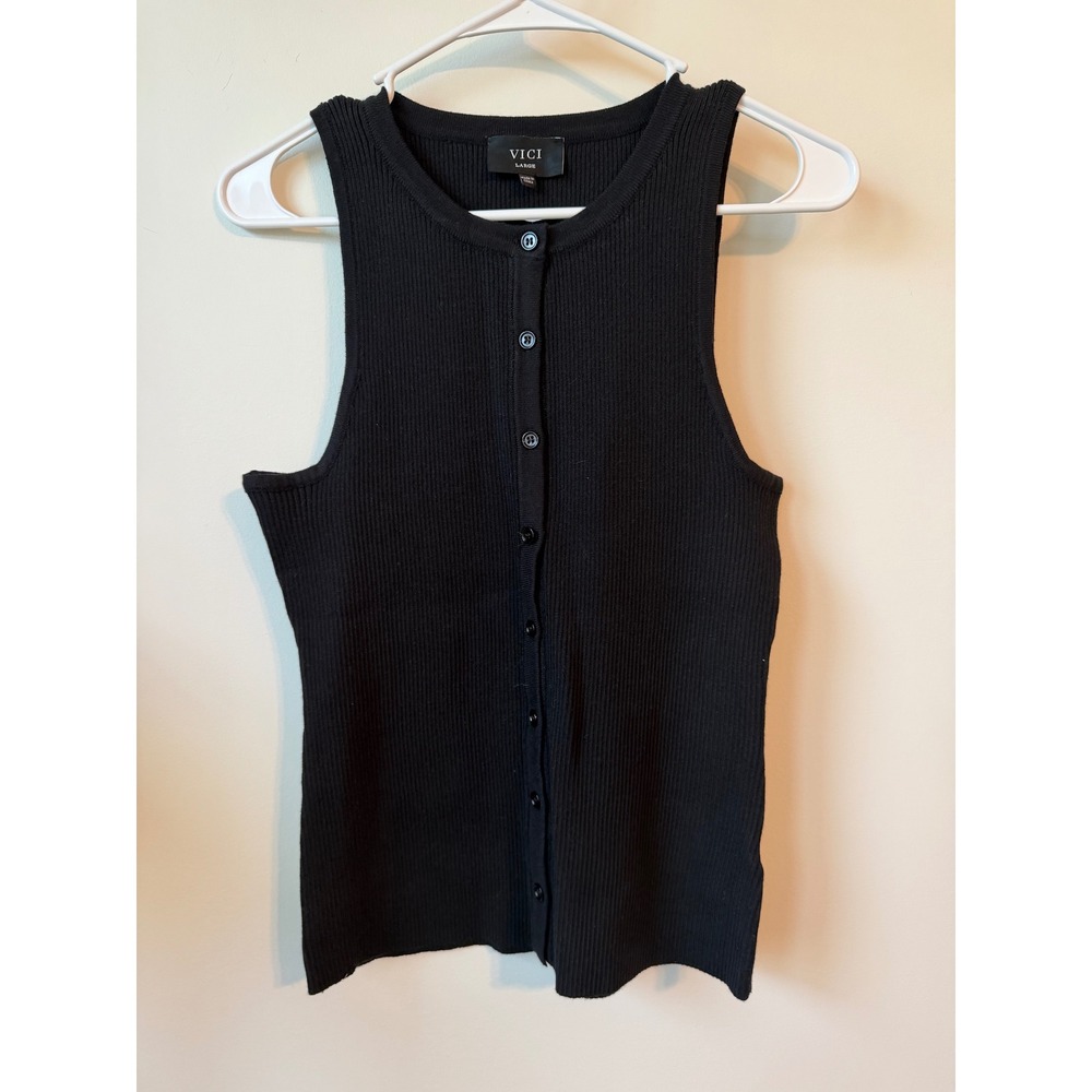 Vici Womens Black Ribbed Button Down Sleeveless Tank Top Large